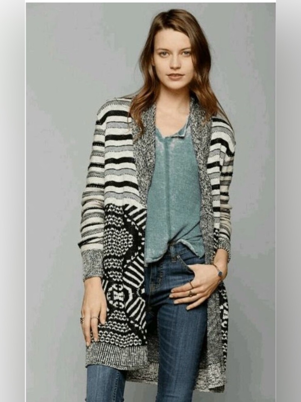 Ecote Gray and White Mixed Design Patterned Cardigan Long Sweater